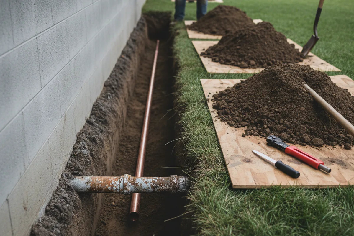 Excavated water line trench during Water Softener Installation in East Prospect